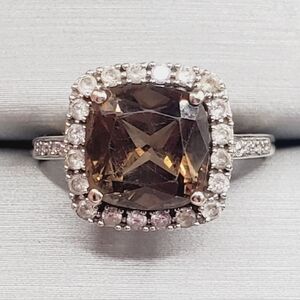 10k Solid White Gold Smoky Quartz, Diamond & White Topaz Halo Ring